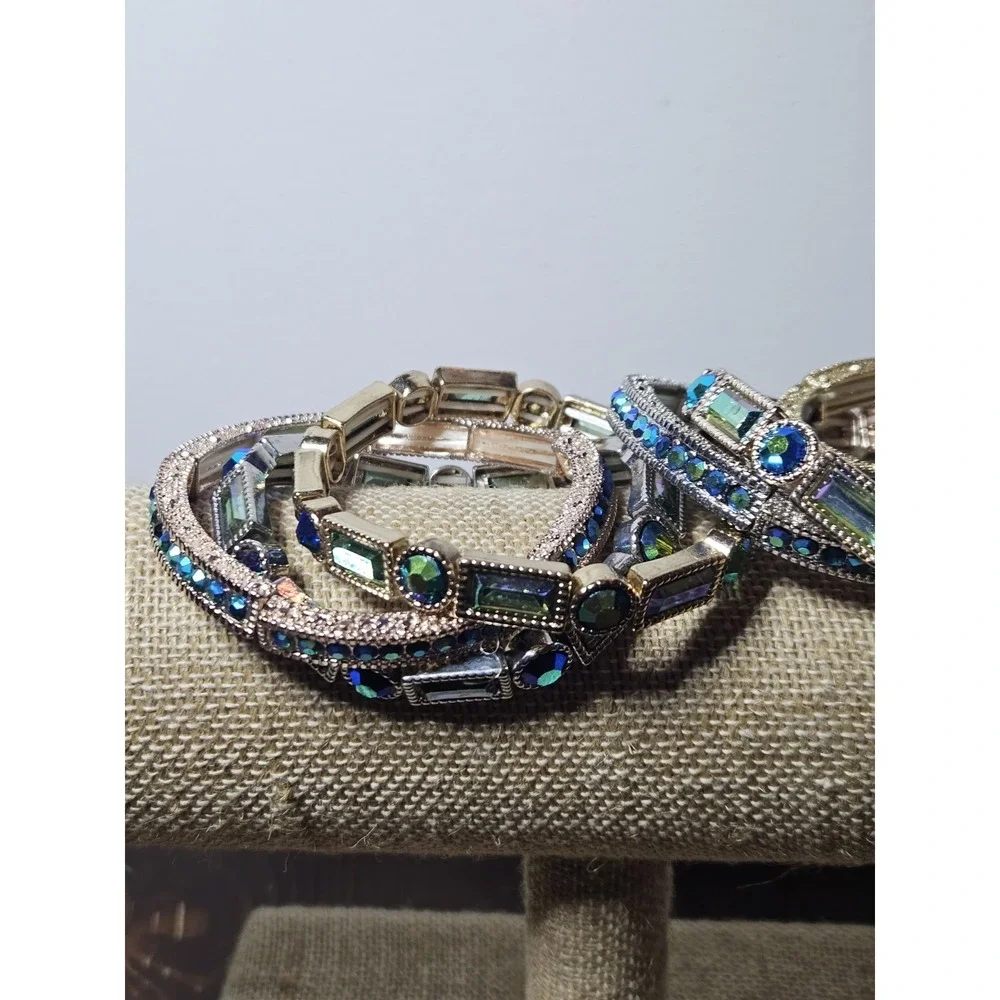 Off Park JTV 6 Pc Stretch Bracelet Set Y2K Mermaidcore Peacock Statement Crystal